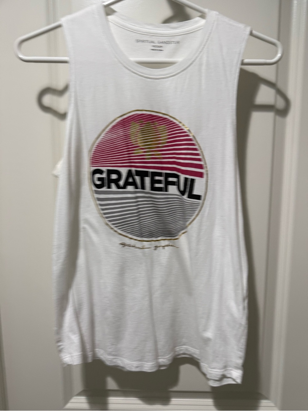 Spiritual Gangster White Tank with Pink and Gold Graphic